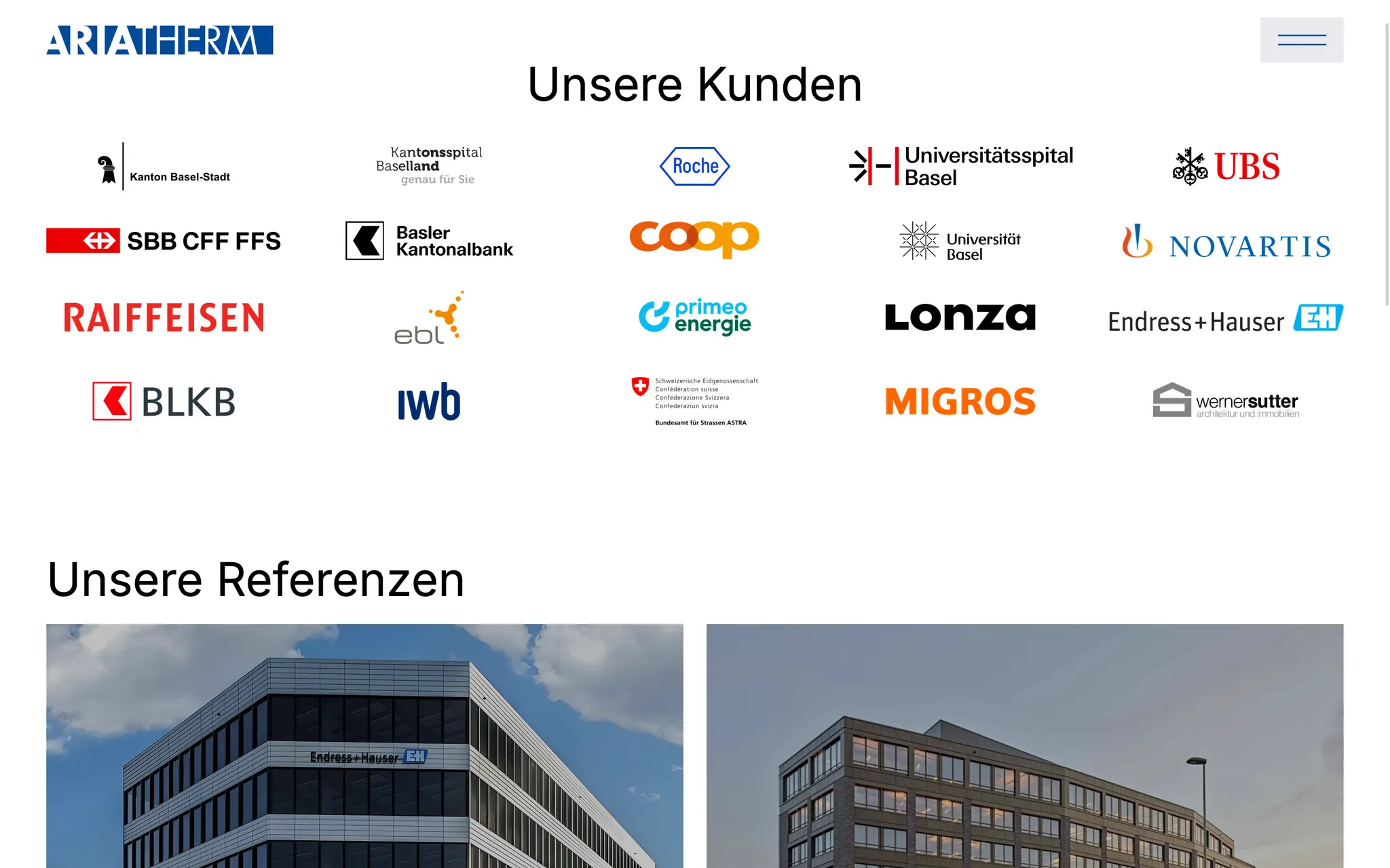 The ariatherm.ch references page with client logos and reference projects