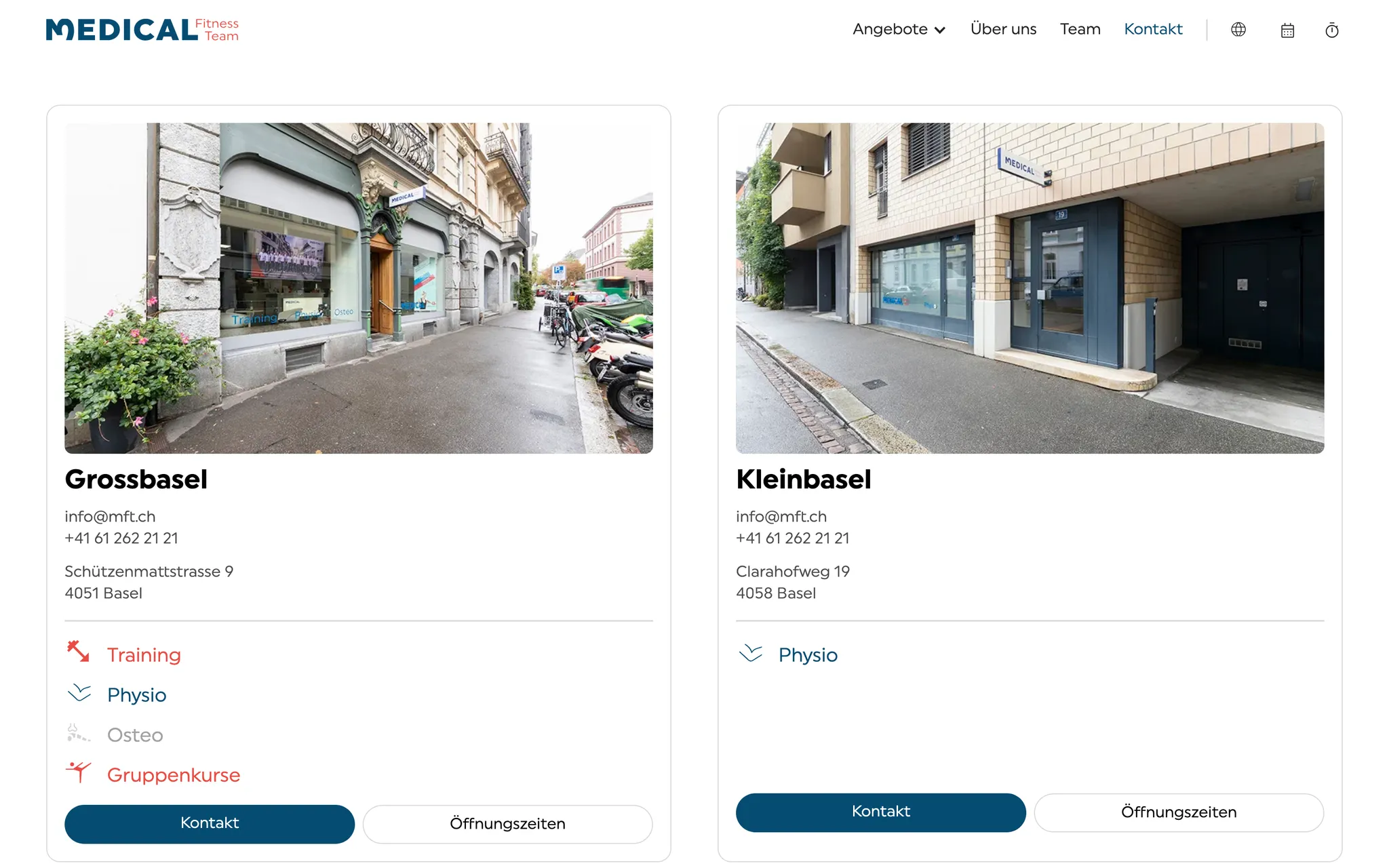 The mft.ch contact page with the Grossbasel and Kleinbasel locations